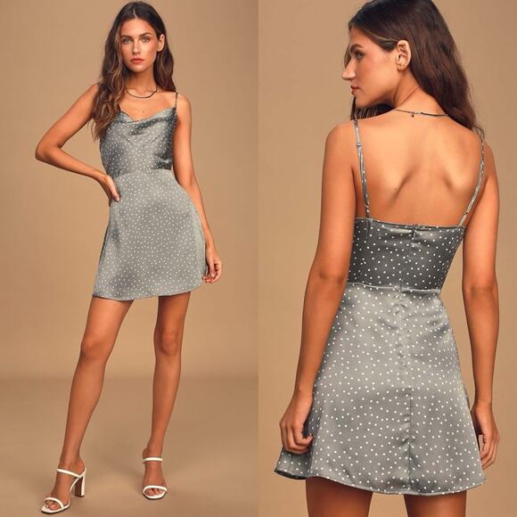 NWT Lulus Mini Dress Womens S Sage Polka Dot Satin Slip Cowl Neck Date Night - Picture 1 of 9